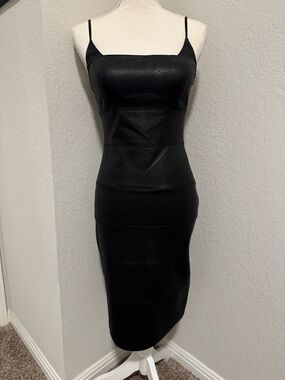 slim fit dress slacks Faux Leather and Mesh Mock Neck Mini Dress – bebe main image 0